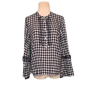 J.Crew black white long sleeves gingham tunic top blouse size 4